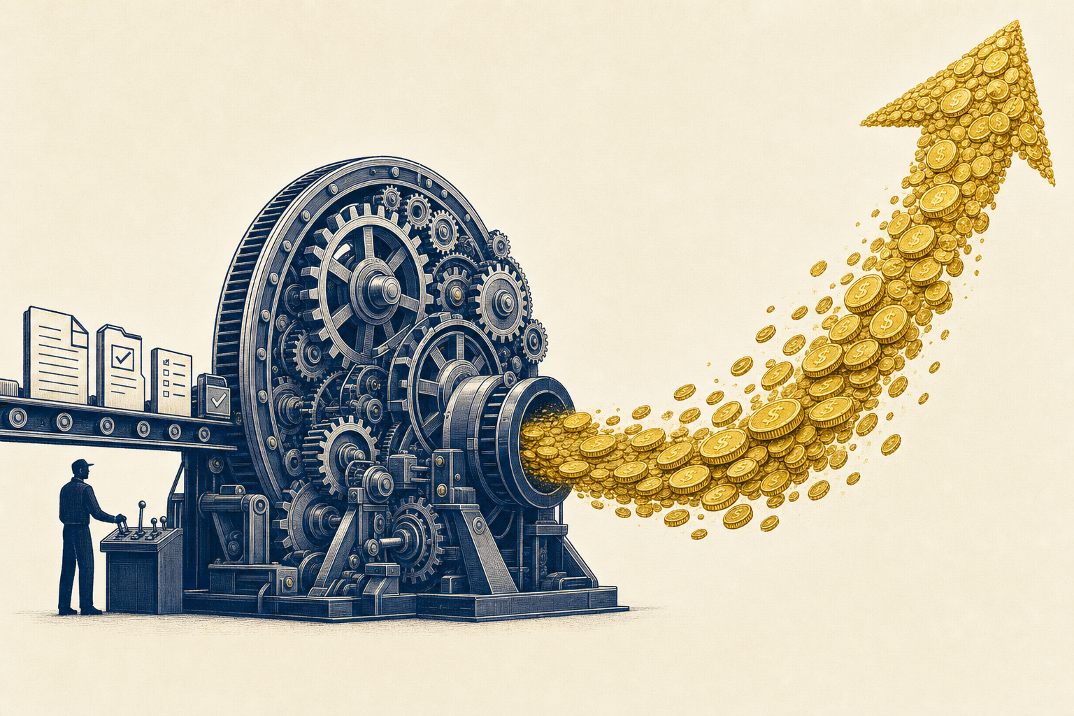An automation engine whose output is a rising stream of gold coins — automation that pays for itself